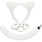 XEPST Animal White Cat Costume Set, White Cat Ears and Tail Set with Ears Headband and Tail for Animal Costume Cosplay Birthday Party Halloween Carnival Fancy Dress Party Supplies
