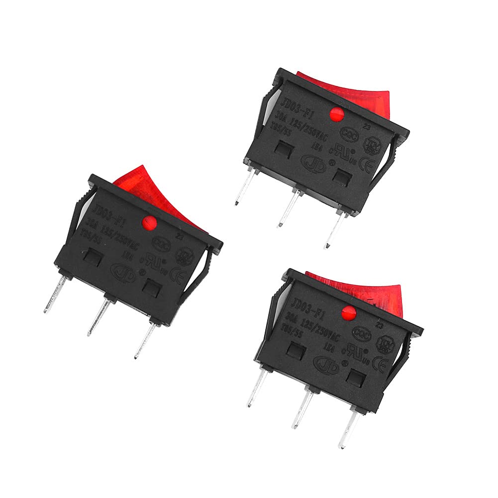 Tiardey 3Pcs AC 30A 250V/125V 3 Pin ON/Off Waterproof Boat Rocker Switch with Red Indicator Light