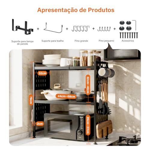 Heemli Suporte Organizador para Microondas e Especiarias, Escalável Prateleira de Cozinha em Aço Carbono Preto, Multifuncional 3 Níveis com Gancho para Utensílios Armazenar(44-68cm)