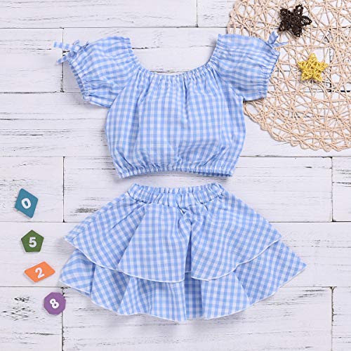 Toddler Baby Girls Outfits Blue Plaidl Off Shoulder Tube Sleeve Crop Tops +Ruffled Shorts Skirt Set Toddler Summer Clothes (Blue Plaid, 3-4 Years)