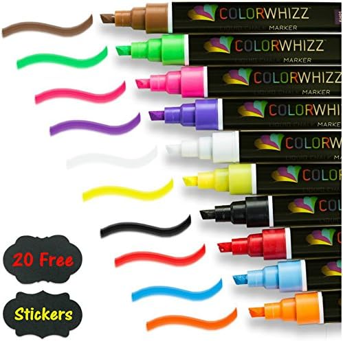 LIQUID CHALK MARKERS, 10 Pack w/ 20 Chalk Labels, CHILD SAFE, Non-Toxic, Neon Chalkboard Markers for Non-Porous Surfaces w/ Reversible Bullet-Chisel Fine Tip, By Clolorwhizz™
