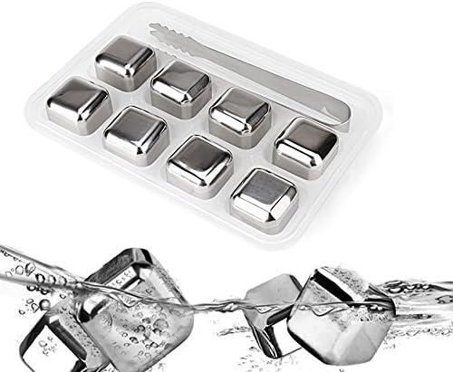 WitHome Stainless Steel Whiskey Stones Reusable Wine Cooling Cubes with Ice Tongs, Whiskey Chilling Rocks, Whisky Ice Stones andfor Wine, Beer, Beverage (8 pieces silver)
