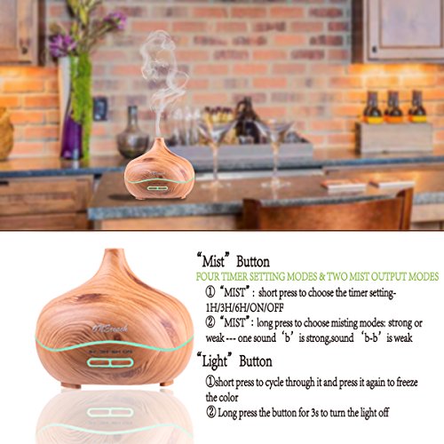 Essential Oil Diffuser ONEreah Cool Mist Humidifier Wood Grain Humidifier 300ML with 4 Timer Settings Waterless Auto Shut-off and 14 LED Color Changing for Office Home Bedroom Living Room Study Yoga