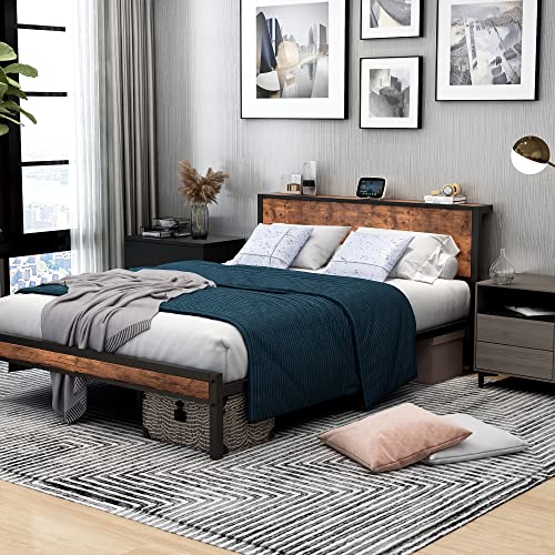 DUMEE Queen Bed Frame with Wood Storage Headboard, Metal Platform Bed Frame Queen Size Mattress Foundation No Box Spring Needed, Noise Free, Black & Rustic Brown