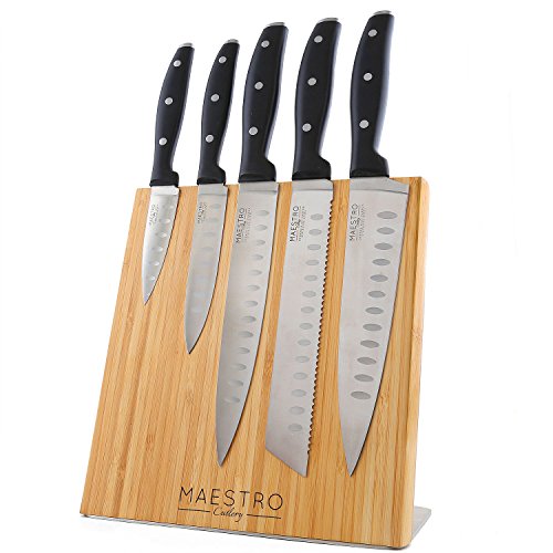 Maestro Cutlery Volken Series German High Carbon Stainless Steel 6 Piece Professional Knife Set with Bamboo Magnetic Knife Block Stand