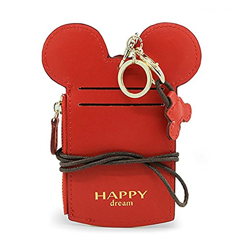 LEECCO Red Neck Pouch,Trend Small Travel Leather Student ID Card Holder Lanyard Neck Pouch Bag With Coin Wallet Purse for Students Women Kids Girls