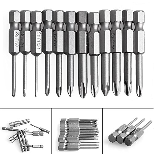 Feamos 12Pcs Hex Shank Magnetic Phillips Cross Screwdriver Bits 50mm 1/4 Inch