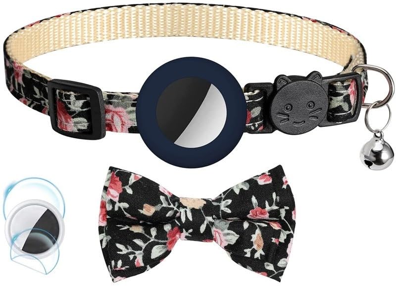 Refective Collar for Cat with Safety Buckle and Waterproof Air Tag Holder, Cat Air Tag Collar Compatible with Apple Airtag for Kitten Puppy EBLIN （12.2-8.3 in ），A2,Airtag Cat Collar (Q6-Black)