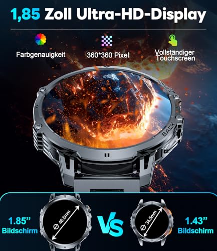 LIGE Military Smartwatch Men - 1000 mAh/1.85 Inch HD Large Touch Screen/LED Light, Fitness Watch with 110+ Sports Modes, Heart/Sleep Tracking, 2 Bracelets, IP68 Waterproof, Sports Watch for iOS/Android, Black