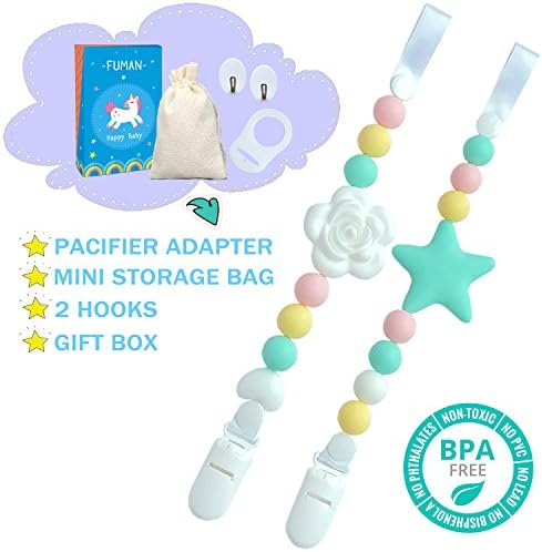 Baby Silicone Pacifier Clip and Teether Holder - Girl's Binky Holder - Best for Teether Toys, Stuffed Animals, Soothie/MAM, Infant Blankets &amp; Drool Bibs, Set of 2 Chewable Pacifier Straps with Roses &amp;