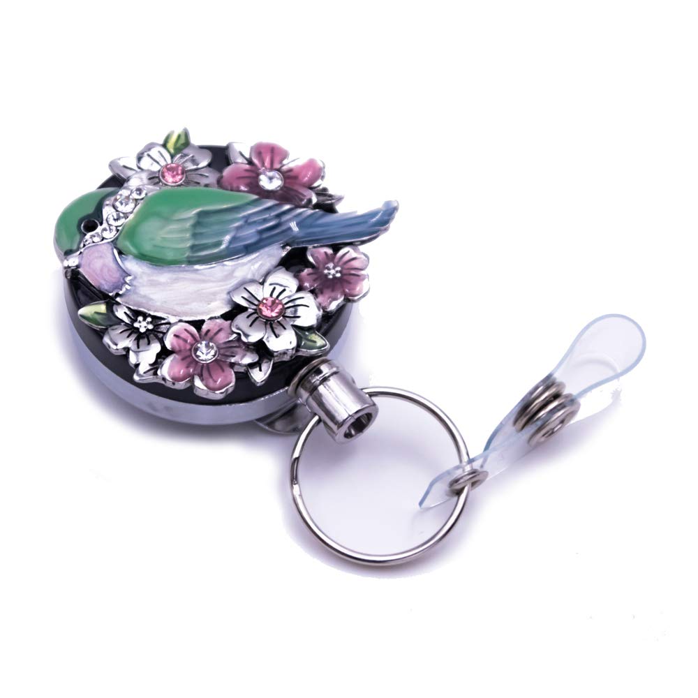 Photo 1 of Laraine Badge Reel Holder Retractable Metal Clip ID Card & Key Holders Carabiner Rhinestones Pearl Bird Shape 1.7” (Bird)