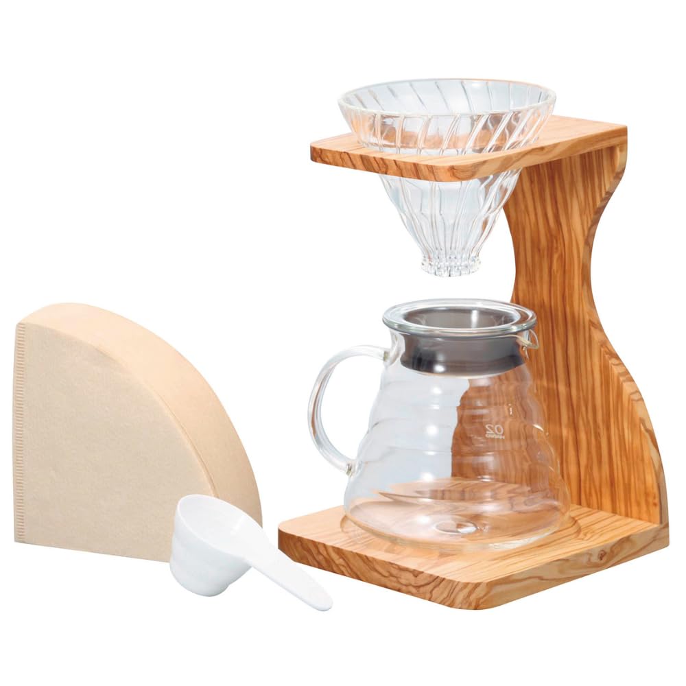 Hario V60 Olive Wood Stand Set | All In One Coffee Brewer Set-up With Stand, Glass Dripper, Range Server, Measuring Spoon and Filters, Clear, Size 02