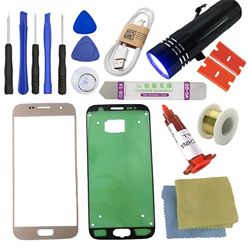 S7 Front Glass Screen Replacement Kit [Direct Screen], Sunmall Front Outer lens Glass Screen Replacement Repair Kit LCD Glass Repair Kit With UV Glue UV Torch For Samsung Galaxy S7 (Gold)