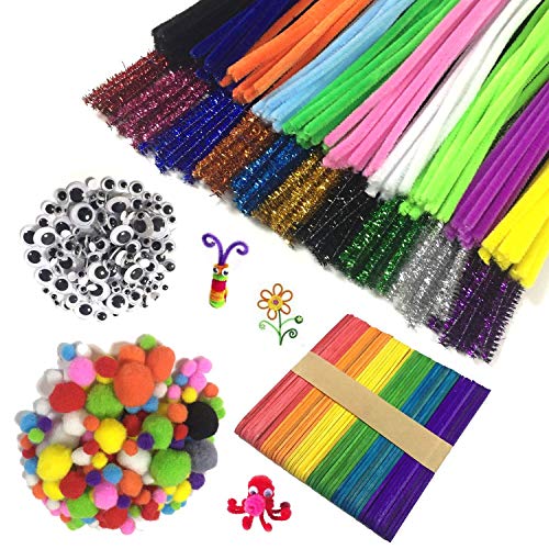 DOITEM Pipe Cleaners Crafts Set, Pipe Cleaners Chenille Stem and Pompoms with Googly Wiggle Eyes and Craft Sticks for Craft DIY Art Supplies, 650 pieces