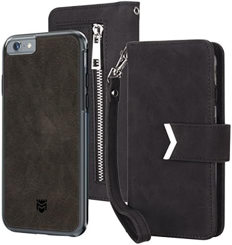 Majesticase iPhone 6s Wallet Case Premium Suede Leather Wristlet &amp; Detachable Removable Magnetic Hybrid Protective Shell Cover &amp; Back Zipper + Removable Strap - Charcoal Black