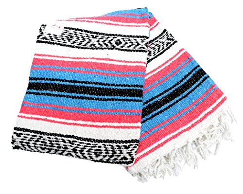 Open Road Goods Teal and Coral Mexican Blanket - Authentic Mexican Falsa Serape - Great Yoga Blanket, Beach Blanket, Picnic Blanket, or Mexican Style Home Throw! Handwoven