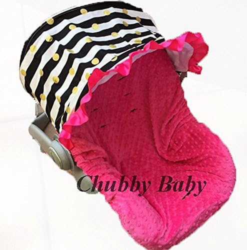 Baby Car seat Cover, Canopy in black white Stripes w/ gold dots. Seat in hot pink minky. FREE strap covers included