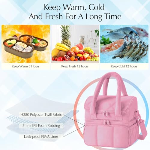 Insulated Lunch Bag for Men Women Kids, Large Reusable Double Layer Lunchbox Cooler Bag with Adjustable Strap, Leakproof Thermal Food Storage Tote for Work, School, Picnic, Travel - Pink