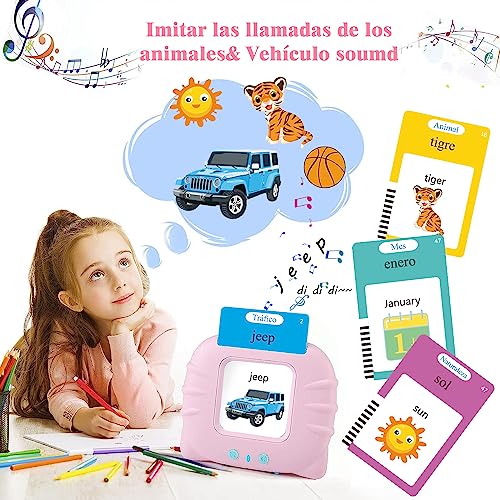Juguetes de Aprendizaje con Tarjetas Flash Parlantes, Lectura Bilingüe en Español e Inglés, Máquina de Lectura de Juguetes Educativos con 510 Palabras, Juguetes Regalo de Cumpleaños para niños (Rosa)