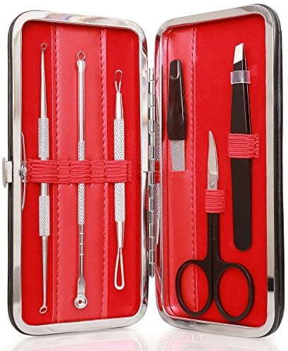 Comedone Extractors and Blackheads Remover with Tweezers & Manicure Set By Aotearoa Beauty; Professional Comedone Remover Tools for Blemishes,Whiteheads, Zits (Red)