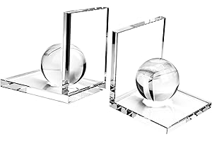 MerryNine Innovative Crystal Clear Bookends with Crystal Ball, 1 Pair L Shape Non Skid Sturdy Crystal Bookends for Heavy Books, Bookshelf, Office, School Library, Decorative Ornaments, A