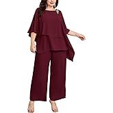 Hanna Nikole Plus Size Mother of Bride Pant Suits 2 Piece Chiffon Sets Ruffle Layers Wedding Guest Outfit