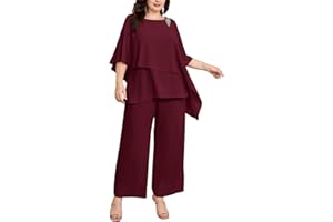Hanna Nikole Plus Size Mother of Bride Pant Suits 2 Piece Chiffon Sets Ruffle Layers Wedding Guest Outfit