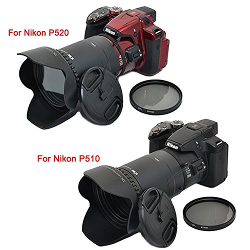KIWIFOTOS P520K 67MM UV CPL Filter Lens Adapter Lens Hood/Cap Set For Nikon Coolpix P510 P520