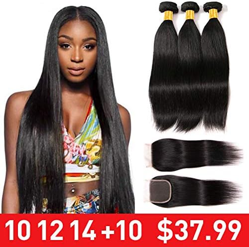 Ur Beautiful 8A Brazilian Straight Bundles With Closure 10 12 14 +10 Inch Brazilian Straight Hair 3 Bundles With Lace Closure Free Part 100% Virgin Brazilian Hair Bundles Natural Black Color