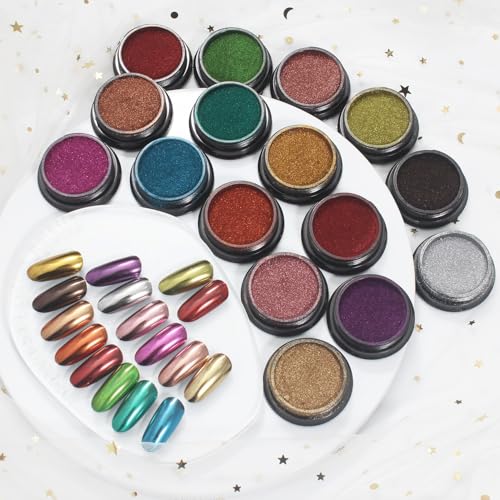 Artdone 16 Jars Chrome Nail Pearl Powder Silver and Gold Mirror Iridescent Aurora Metallic Nail Pigment Pearlescent Mermaid Pigment Pearl Dust Kit, Nail Art Decoration, Acrylic Resin Craft