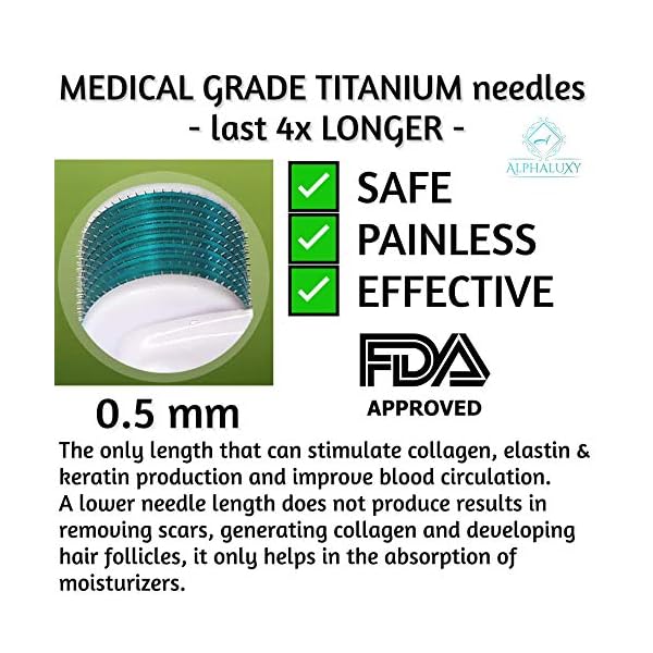 ALPHALUXY-Best-05mm-Derma-Roller-for-Hair-Beard-Growth-and-Acne-Scar-Treatment-Professional-Titanium-540-Needles-Microneedle-Dermaroller-Extensive-Instructions-Free-Ebook-Full-Warranty ALPHALUXY Best 0.5mm Derma Roller for Hair & Beard Growth and Acne Scar Treatment | Professional Titanium 540 Needles…