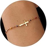 Mauzew 18K Gold Plated Beaded Cross Bracelet for Women Christian Crucifix Rosary Cross Bracelets Stainless Steel Faith Jewelry Christmas Gifts