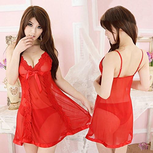 Ocely Women's Red Translucent Lace Sexy Lingerie Sleepwear Babydoll Croset Nightdress One Size