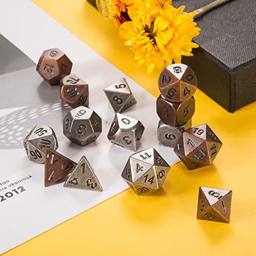 Jovitec 14 Pieces Metal Solid Zinc Alloy Game D&D Dices Set Durable Polyhedral Dice with Printed Numbers and Velvet Storage Bags for Game, Dungeons and Dragons, RPG, Math Teaching (A)