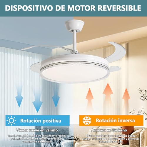 Megaluz F2016-42 Ventilador de Techo Retráctiles de 42 Pulgadas Abanico de Techo con Luz LED, 3000K-6500K Luz Amarilla Cálida a Luz Blanca Fría, Control Remoto y App, 6 Velocidades