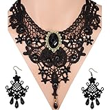 Prohouse Girls Black Flower Lace Gothic Lolita Pendant Choker Necklace Earrings Set