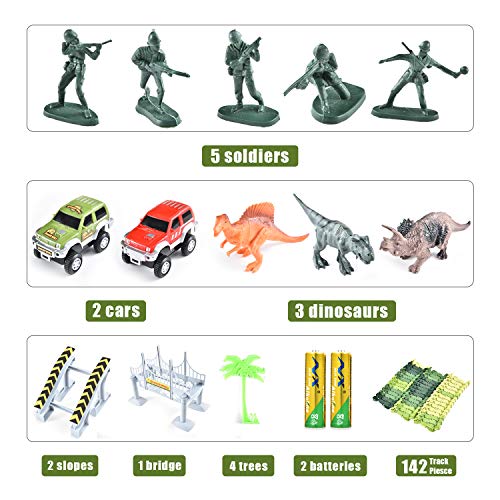 Fulljion Jurassic World Dinosaur Toys Track Racing Playset, 142pcs Building Toys DIY Assembled Track Set 2 Electric Cars(Equipped 2 Batteries), 3 Dinosaurs, 5 Soldiers - Children Christmas Toys