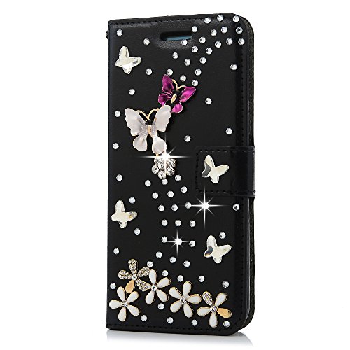 Galaxy S8 Case, Wallet Case [Folio Style][Stand Feature] Card Slots Case Premium Protective PU Leather Flip Cover 3D Handmade Bling Diamonds Floral Butterflies Hand Strap by Mavis's Diary - Black - Thumbnail 3