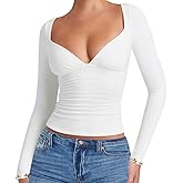 eoeoo Women's Sexy Deep V Neck Long Sleeve Double Lined Ruched Tops Slim Fitted Going Out Tshirts