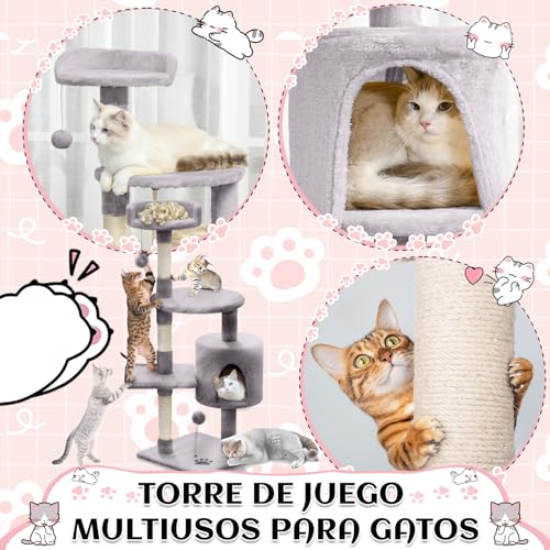 KongJies Torre para Gatos, Árbol para Gatos con Poste Rascador, 4 Niveles Castillo para Gato con 3 Plataforma Acolchada y Pompón, para Gatos Pequeños Medios (Gris Claro)