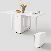 COMUHOME Drop Leaf Folding Dining Table with Storage for Small Space | Foldable Design, 4 Wheels, 2 Drawers &amp; Cabinet, 18mm Thick Plywood, for Living Room Kitchen, Space Saving, Cream White