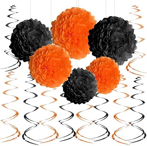 Black Orange Halloween Party Hanging Decorations - Graduation Construction Birthday Baby Shower Party Foil Swirls Tissue Paper Pom Poms Flowers Wedding Party Ceiling Hangings Decorations, 20Ct