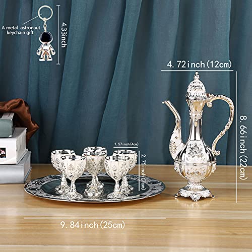 Turkish Tea Set for 6 including tea pot,Tea Tray and Metal Cups,Silver