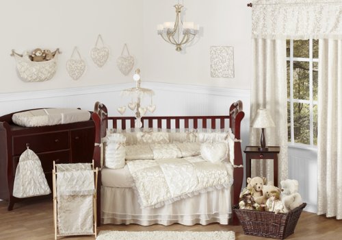 Champagne & Ivory Taffeta, Voile and Cotton 9 Piece Shabby Chic Crib Bedding Set