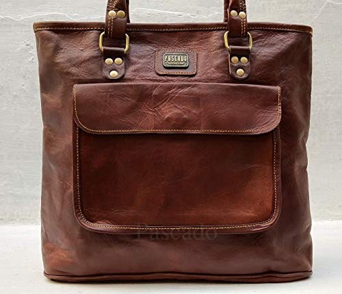 PASCADO leather tote bag purse satchel shoulder bag with zipper handbags for women brown handmade