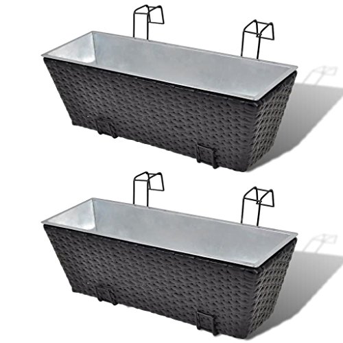 Galapara Railing Planter, Window Box Wall Hanging Planter Set Durable Plant Container Set Lovely Balcony Flower Pot Weatherproof Poly Rattan, 20 inch 2 pcs Black