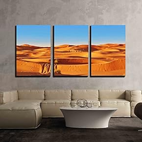 3 Piece Canvas Wall Art - Camel Caravan Going Through The Sand Dunes in The Sahara Desert, Merzouga, Morocco - Modern Home Art Stretched and Framed Ready to Hang - 16"x24"x3 Panels