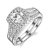Caperci 2 Carat Round Halo Cubic Zirconia 925 Solid Sterling Silver Wedding Band Engagement Ring Sets