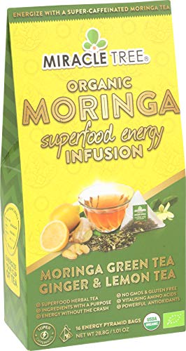 Miracle Tree's Energizing Moringa Infusion - Green Tea, Ginger & Lemon | Super Caffeinated Blend | Healthy Coffee Alternative, Perfect for Focus | Organic Certified & Non-GMO | 16 Pyramid Sachets