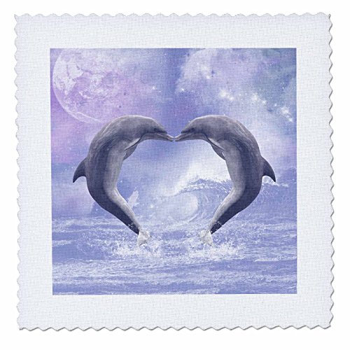 3dRose Two Kissing Dolphins Forming a Heart in A Purple Ocean - Quilt Square, 12 by 12-Inch (qs_172927_4)